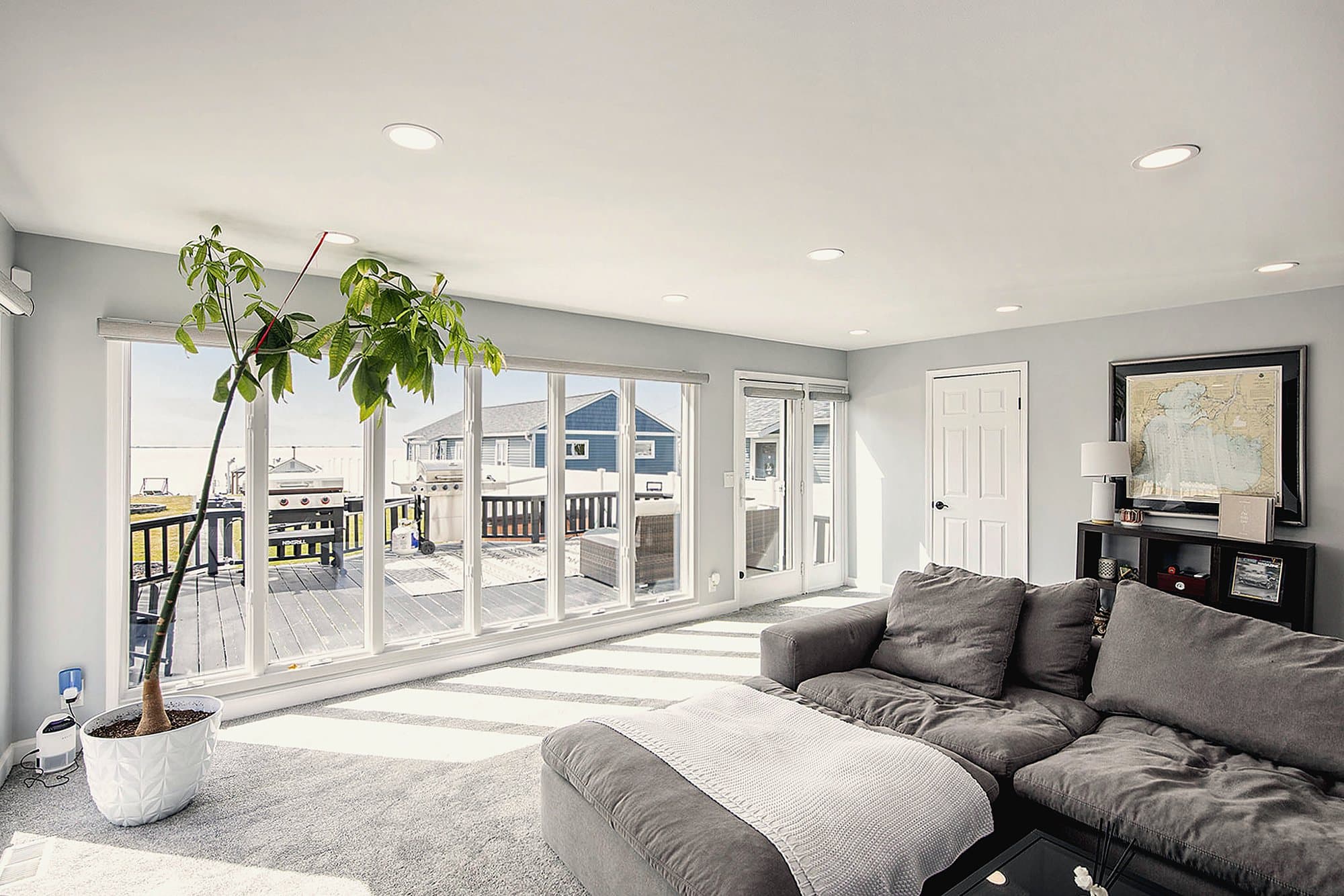Bright living room with large glass doors