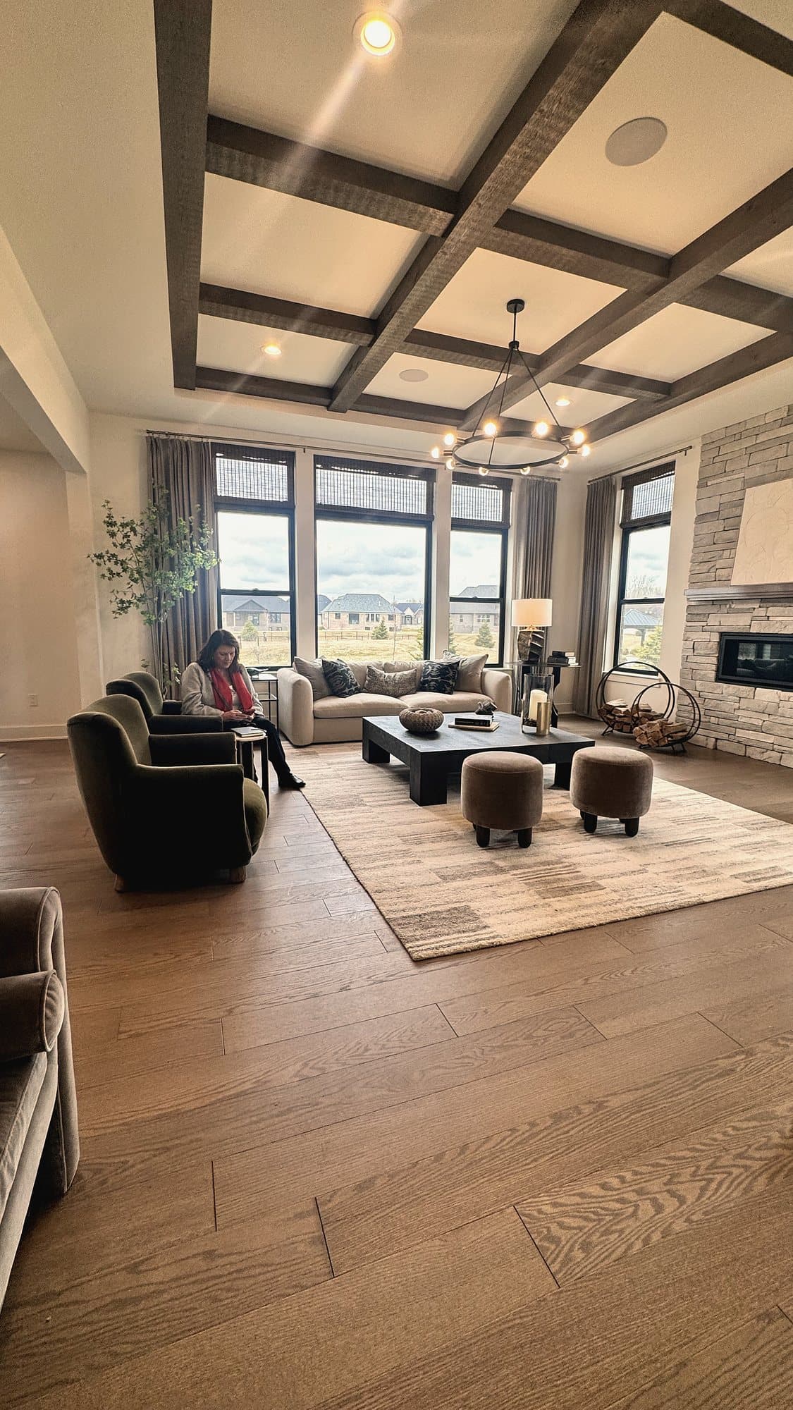 Warm living room with exposed wood beams