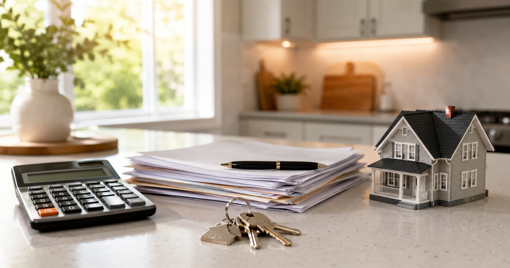 Calculator and documents on a desk representing home selling costs